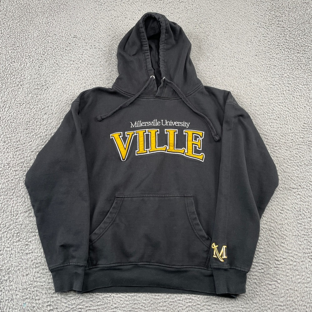 Old Varsity Brand Hoodie Men Medium Black Millersville University VILLE Pullover